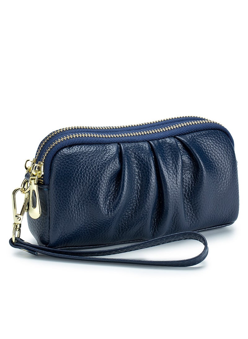 SKT Shiketro Top Layer Cowhide Double Layer Zipper High-End Wallet Mobile Phone Bag Genuine Leather Clutch Bag Mother Handbag【Sapphire】 - Image 1