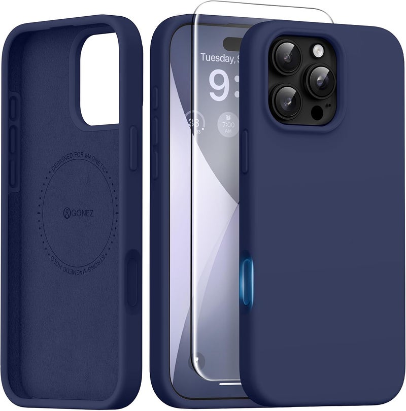 GONEZ Magnetic for iPhone 16 Pro Max Case, Compatible with MagSafe, Liquid Silicone Case, with Screen Protector + Camera Protector, Full Body Protective Shockproof Phone Cover 6.9", Midnight Blue - Image 1