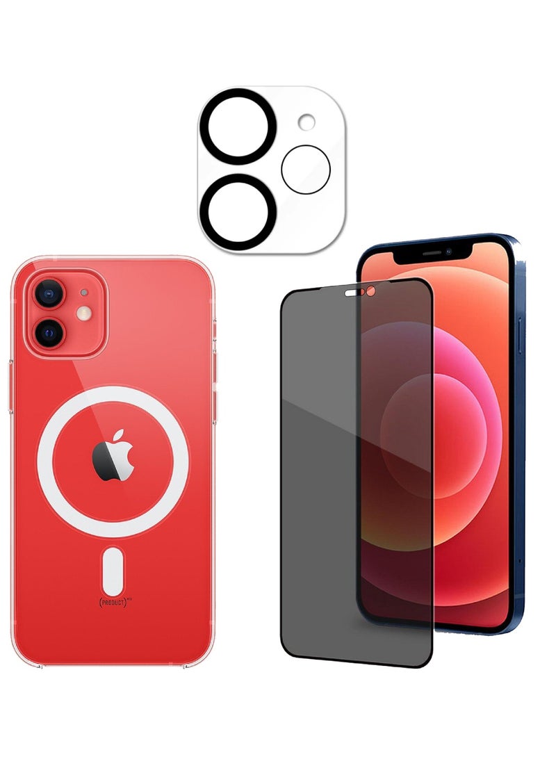 DUSALA 3 Pack Full Coverage iPhone 12 Case With Camera Lens For iPhone 12 With Privacy Glass Compatible With iPhone 12 6.1 Inch Clear Mag-Safe Case, Camera Lens And Privacy Screen Protector - Image 1