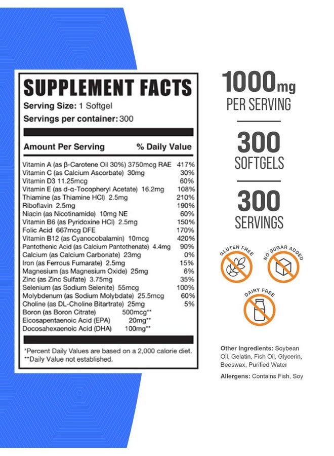 بالك سابلمنتس كبسولات جيلاتينية متعددة الفيتامينات للرجال من BulkSupplements.com - مكمل غذائي يومي متعدد الفيتامينات والمعادن، مع زيت السمك - خالٍ من الغلوتين، كبسولة جيلاتينية واحدة متعددة الفيتامينات للرجال في كل حصة، 300 كبسولة (عبوة واحدة) - Image 2