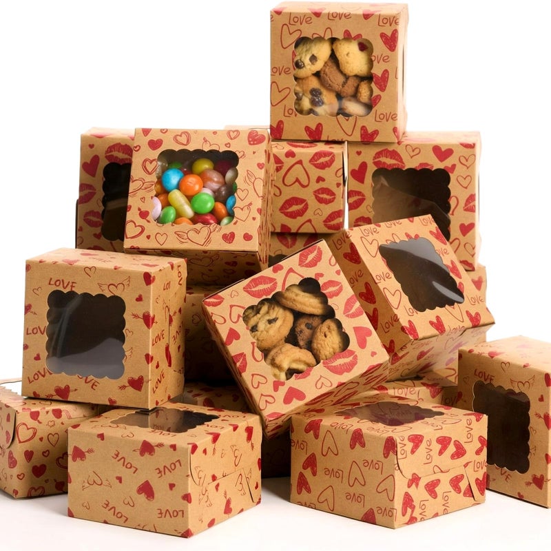 LemonRoad 48 Pcs Heart Kraft Cookie Boxes Love Treat Boxes with Window 4x4x2.5 Inches Cupcake Containers for Candy Pastries Doughnut Brownies Truffles Gift Wrap Wedding Party Supplies - Image 1