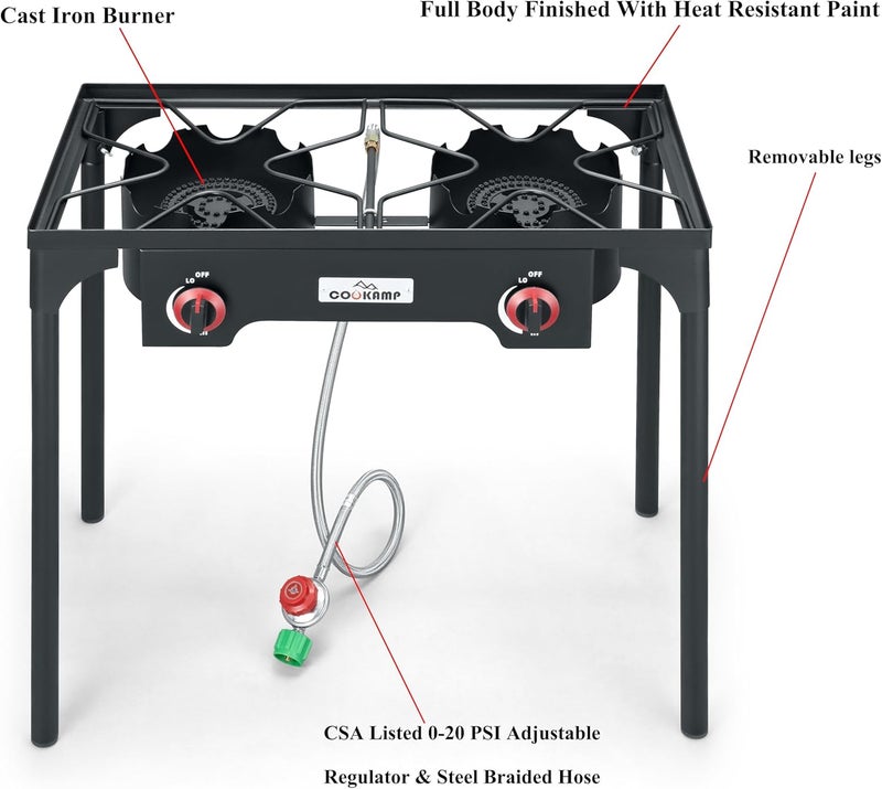 COOKAMP High Pressure Double Propane Burner Outdoor Camping Stove with 0-20 PSI Adjustable Regulator and Steel Braided Hose (Two Burner Stove) - Image 3