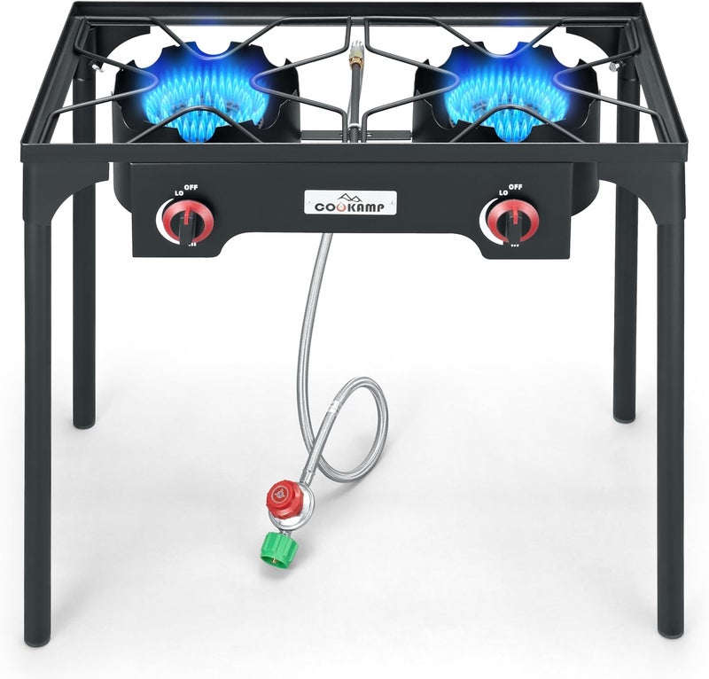 COOKAMP High Pressure Double Propane Burner Outdoor Camping Stove with 0-20 PSI Adjustable Regulator and Steel Braided Hose (Two Burner Stove) - Image 1