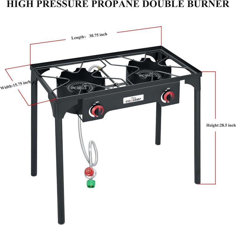 COOKAMP High Pressure Double Propane Burner Outdoor Camping Stove with 0-20 PSI Adjustable Regulator and Steel Braided Hose (Two Burner Stove) - Image 2