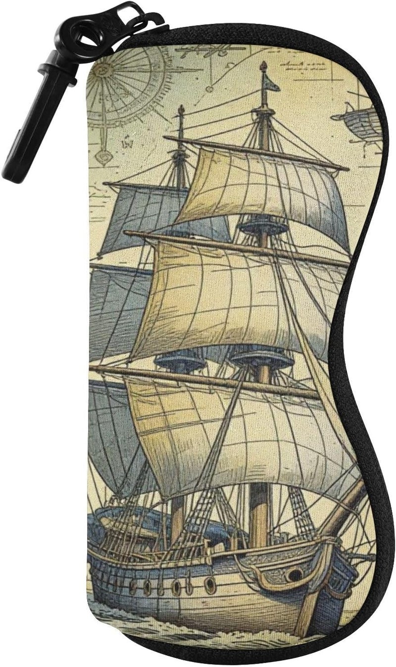 KLL Old Vintage Ocean Map Pirate Ship glasses case for women Ultra Light Zipper snap closure pouching for Men Women - Image 1