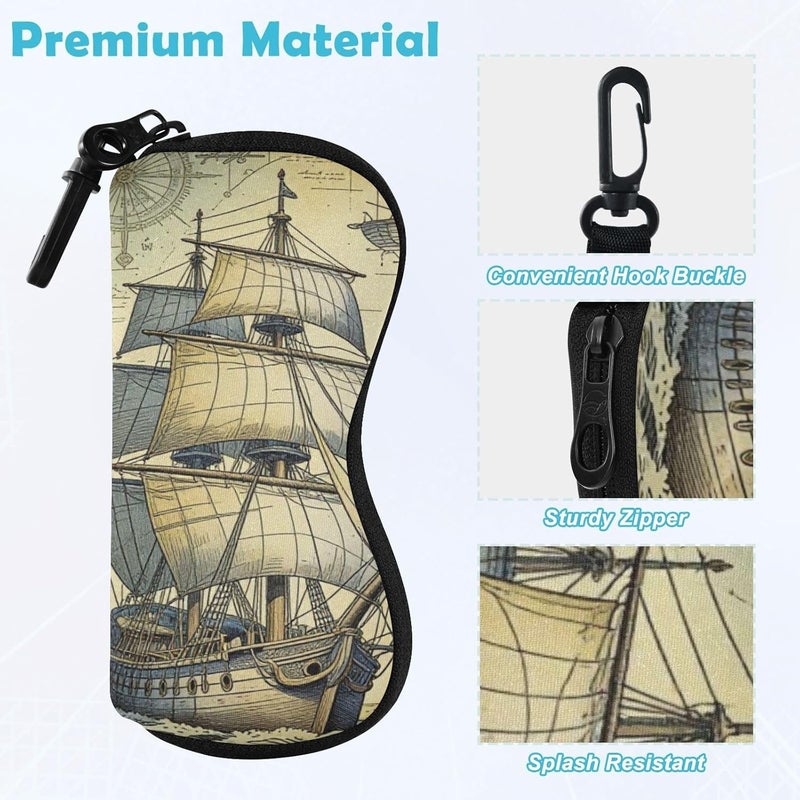KLL Old Vintage Ocean Map Pirate Ship glasses case for women Ultra Light Zipper snap closure pouching for Men Women - Image 3
