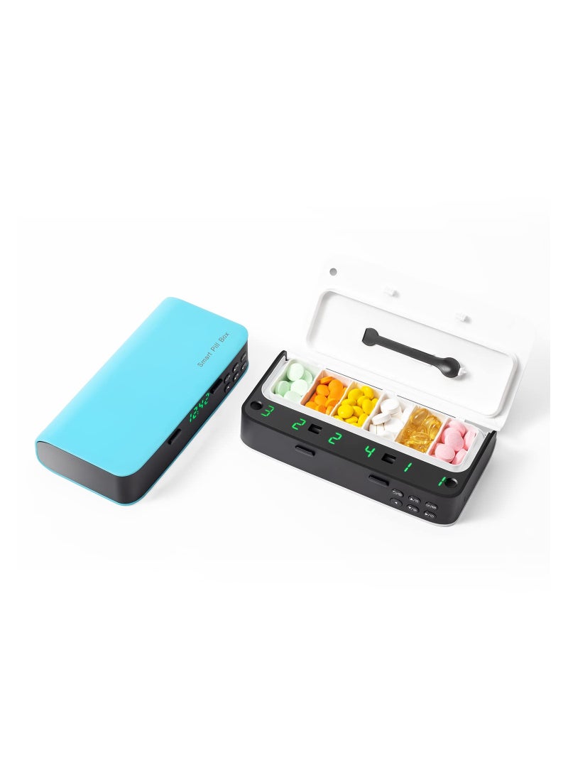 SYOSI Pill Dispenser with Alarm, Daily Medicine Pill Organizer with up to 7 Alarms A Day, Smart Pill Box 6 Compartments, Gift Pill Reminder for Elderly (Blue) - Image 1