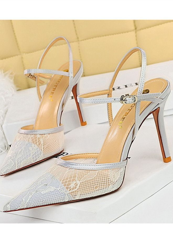 BIGTREE صندل بكعب عالي مدبب من خط واحد 9 سم أبيض - Image 2