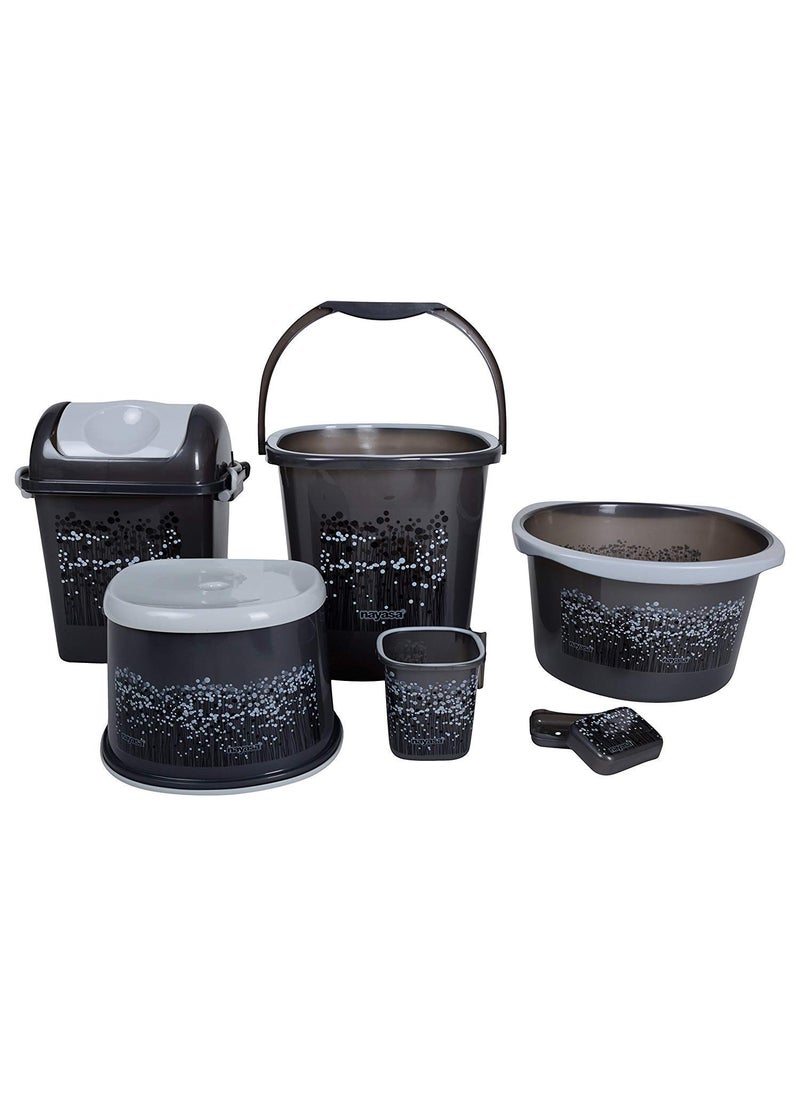 NAYASA Nayasa Bathroom Set 6-Pieces - Bucket Set - Bucket - Bucket Set with Bathroom Mug Stool Patla,Soap Case,Dustbin and Tub - (25 Liters, Grey, 6-Pieces)  - Image 1