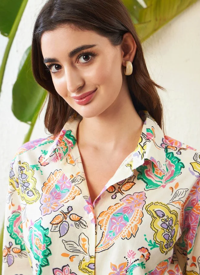 SASSAFRAS Off White Printed Cotton Shirt and Trousers Set for Women