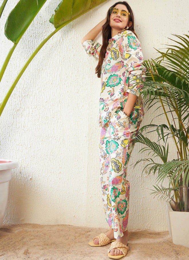 SASSAFRAS Off White Printed Cotton Shirt and Trousers Set for Women - Image 5