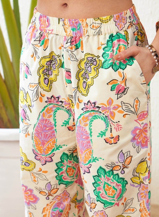 SASSAFRAS Off White Printed Cotton Shirt and Trousers Set for Women - Image 3