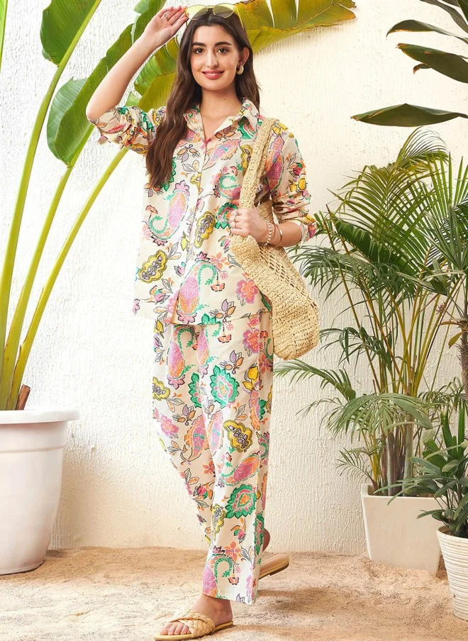 SASSAFRAS Off White Printed Cotton Shirt and Trousers Set for Women