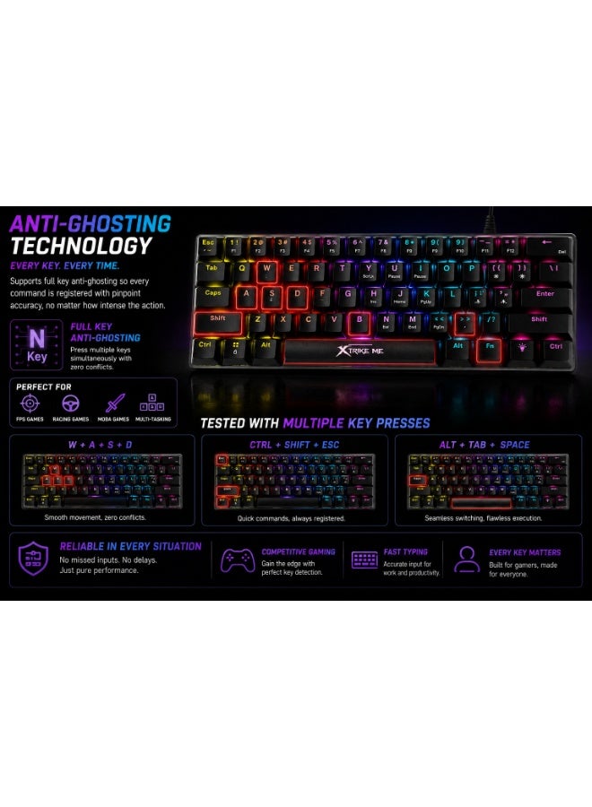 XTRIKE ME GK916 Mechanical Gaming Keyboard with Red Switches & Rainbow LED Backlight – Black - Image 4