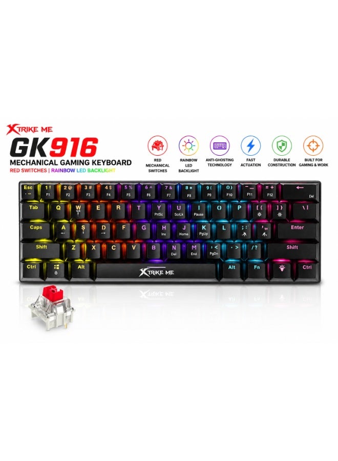 XTRIKE ME GK916 Mechanical Gaming Keyboard with Red Switches & Rainbow LED Backlight – Black - Image 5