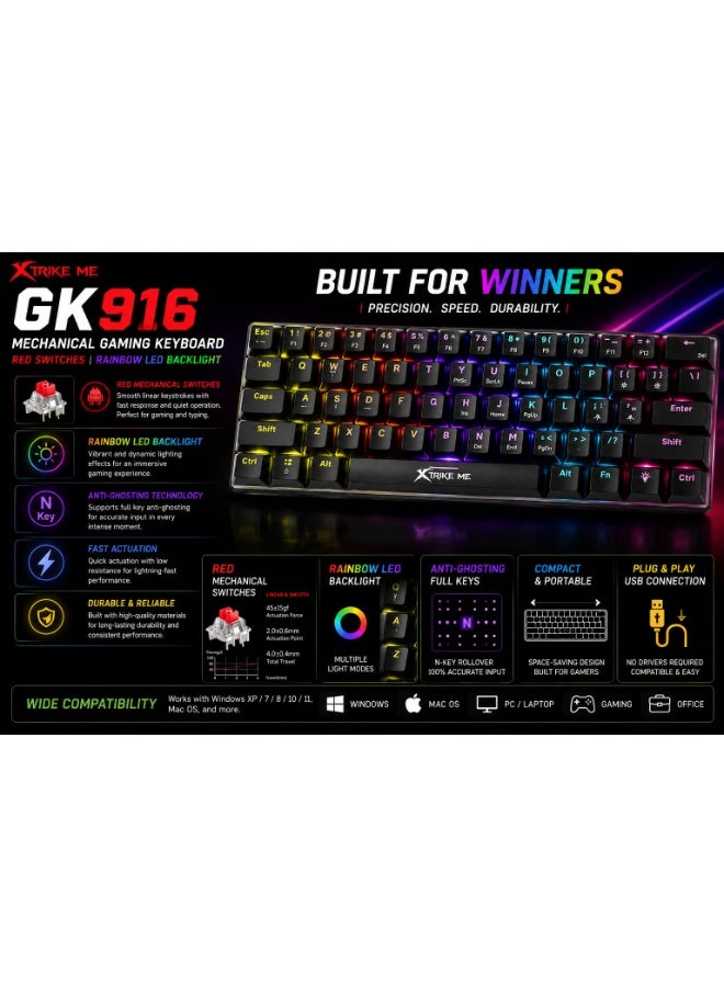 XTRIKE ME GK916 Mechanical Gaming Keyboard with Red Switches & Rainbow LED Backlight – Black - Image 3