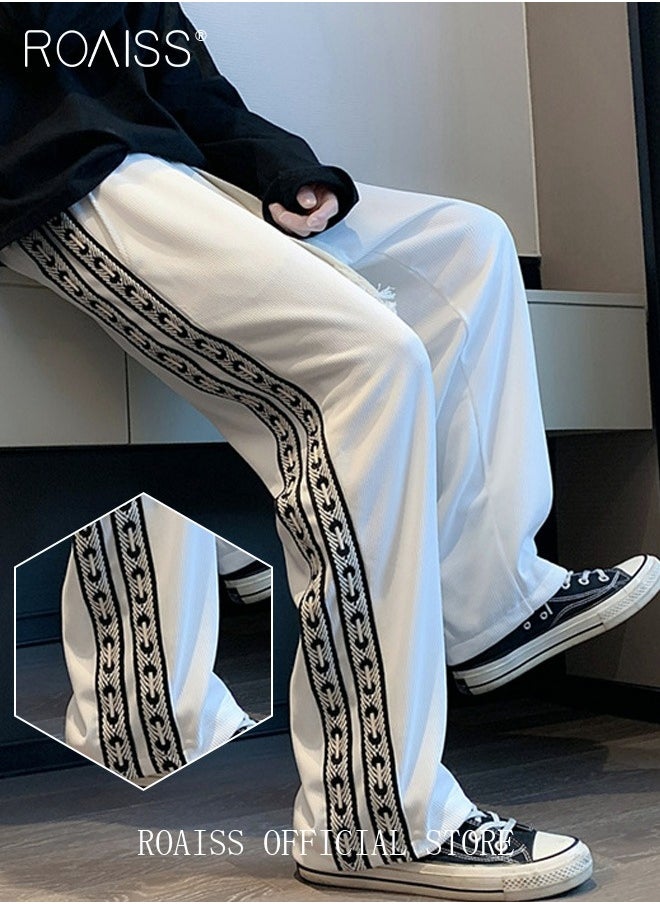 roaiss Student Sweatpants Side Ribbon Knit Straight and Loose Fit Casual Pants  - Image 1