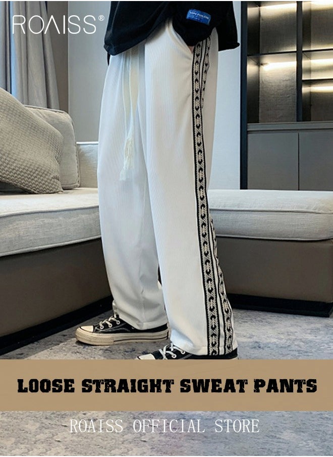 roaiss Student Sweatpants Side Ribbon Knit Straight and Loose Fit Casual Pants  - Image 5