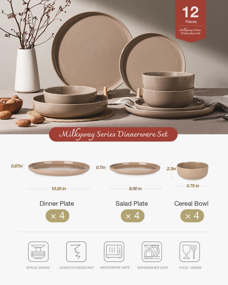 Famiware Milkyway Plates and Bowls Set, 12 Pieces Dinnerware Sets, Dishes Set for 4, Cinnamon Brown - Image 2