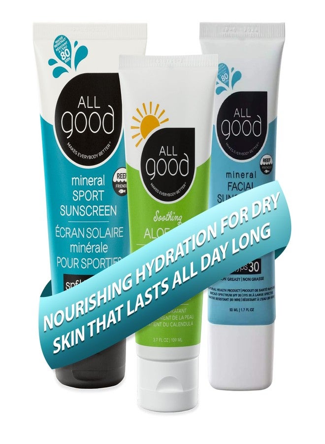 All Good Makes Everything Better All Good Sport Mineral Sunscreen, Aloe Gel & Facial Sunscreen Bundle - UVA/UVB Broad Spectrum SPF 30+, Water Resistant - Includes (2) SPF 30 Sport Sunscreen, (1) Aloe Gel & (1) Facial Sunscreen - Image 1