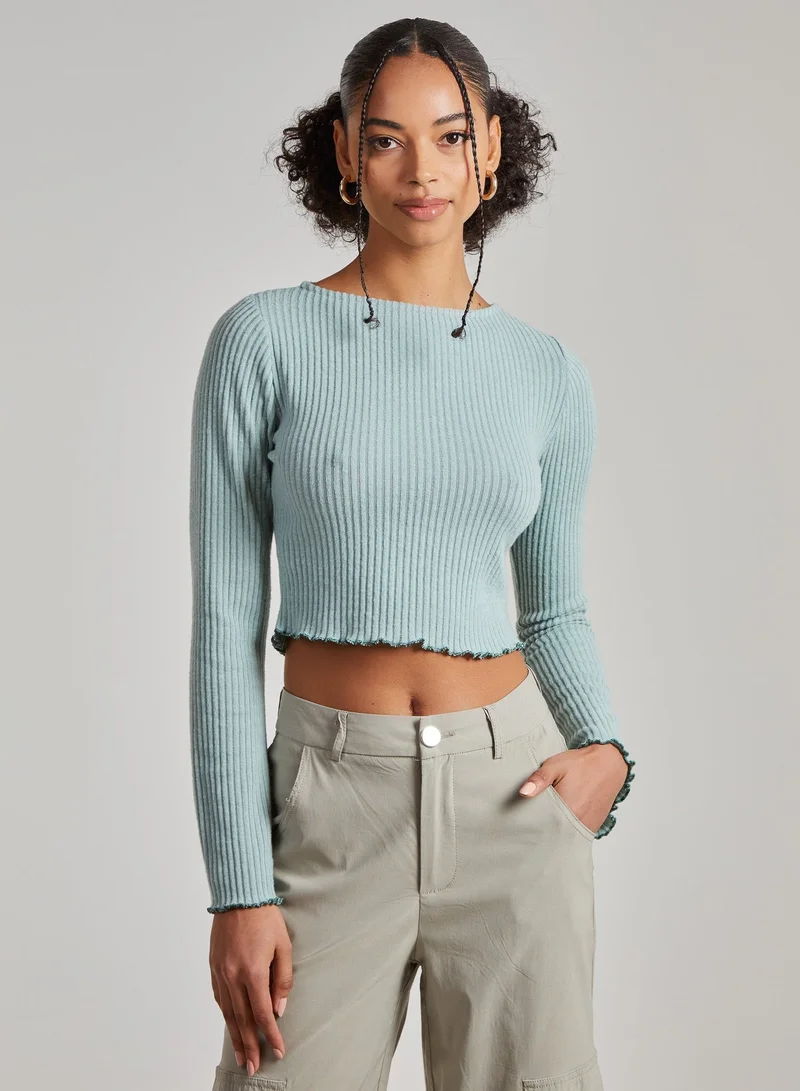 Pink Vanilla Soft Wide Brushed Ribbed Lettuce Hem Long Sleeve Top