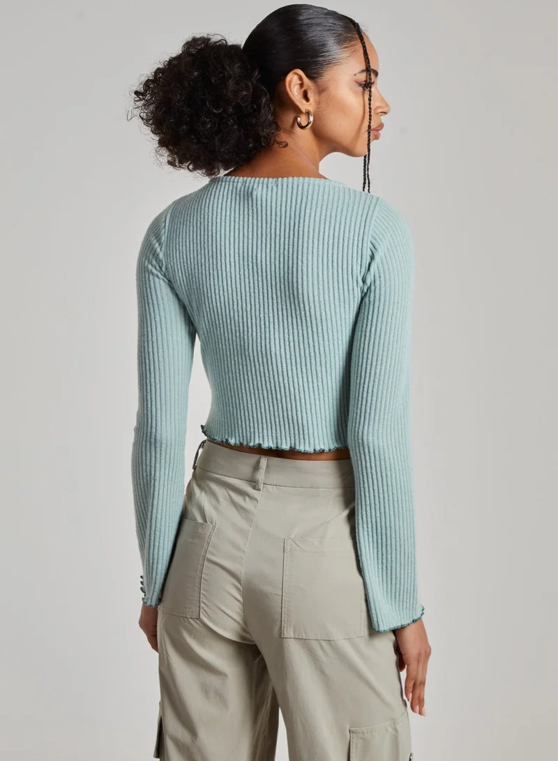 Pink Vanilla Soft Wide Brushed Ribbed Lettuce Hem Long Sleeve Top