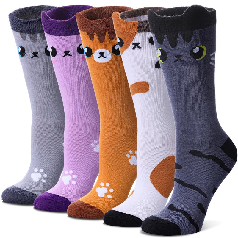 SDBING Womens Cat Socks Cute Gifts Animal Soft Breathable Thin Cotton Casual Crew Socks 5 Pairs (Cat, 6-10) - Image 1