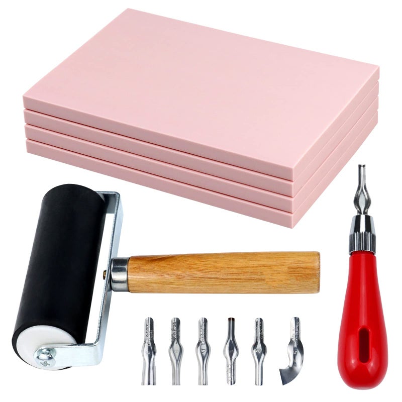 Oopsu 4 Pack Rubber Block Stamp Carving Blocks with Cutter Tools and Rubber Brayer Roller for Printmaking and More Crafts - Image 1