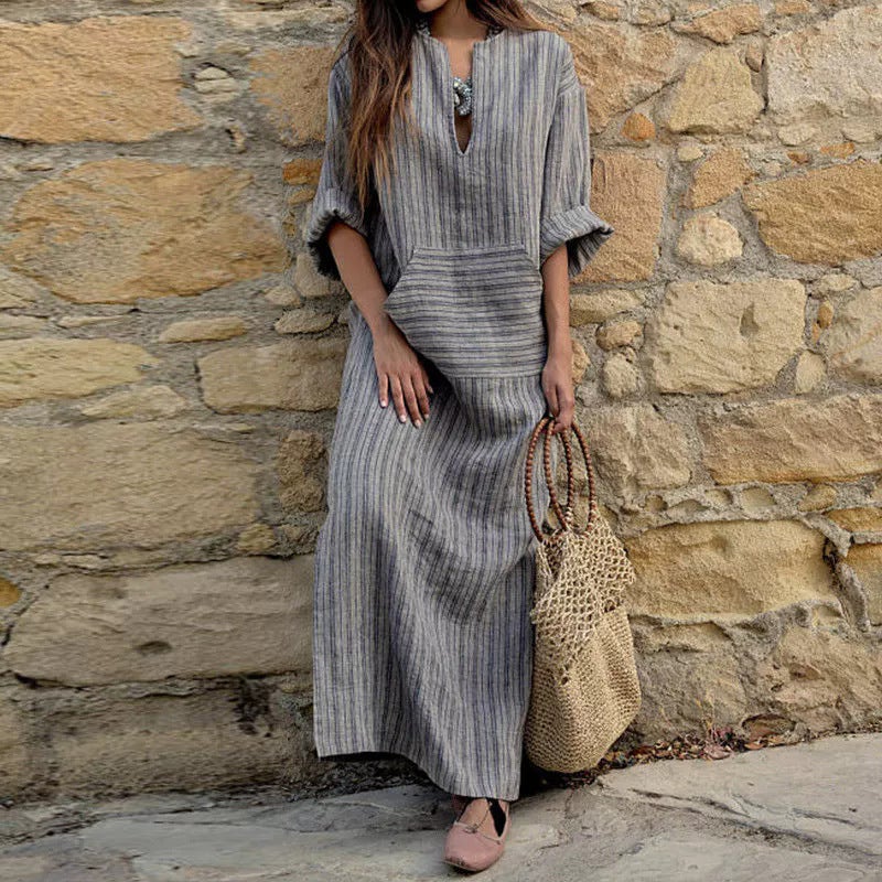 Casual Cotton-Linen Striped Loose Dress - Image 4