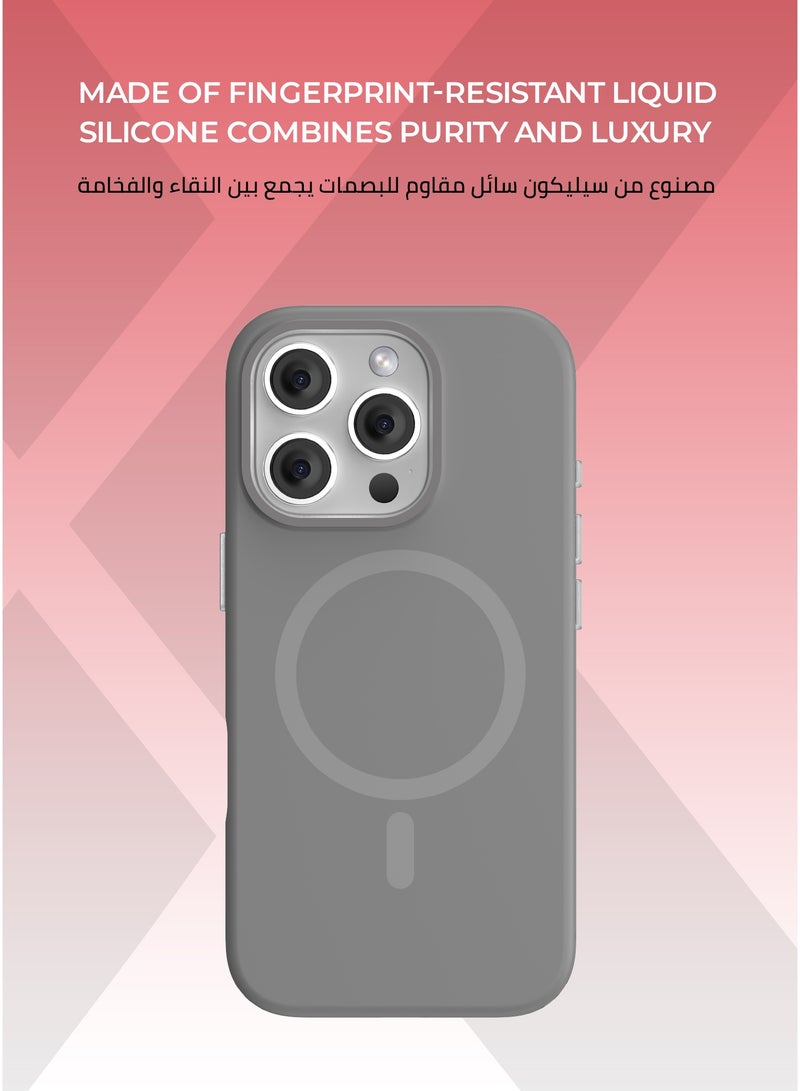 زوندا كفر بيور ايفون 16 برو ماج سيف لون رمادي - بطانة داخلية من المايكروفايبر لحماية من الخدوش،إطار كاميرا معدني مرتفع لحماية العدسة، مصنوع من السيليكون السائل مع طبقة مقاومة  للبصمات، متوافق مع ملحقات MagSafe - Image 2