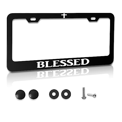 CmeRto Funny Metal Aluminum License Plate Frame with Humor Texts Blessed Christian Black Car Cover Tag Holder Decoration with 2 Holes and Screws for Women Men 12 x 6 Inch - Image 1