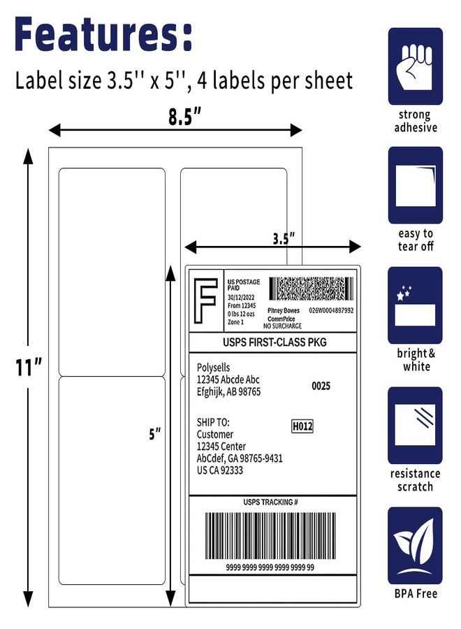 POLYSELLS Shipping Labels with Self Adhesive for Laser & Inkjet Printers, 4 Printing Labels Per Sheet, White 3.5 x 5 Inches - 100 Sheets (400 Shipping Label Paper) - Image 2