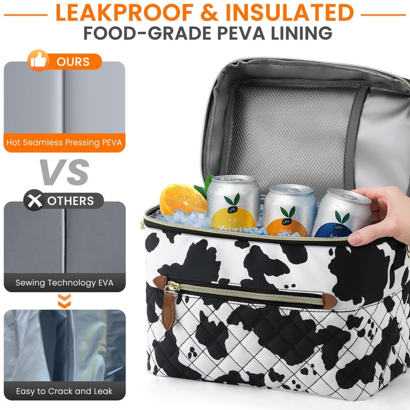 Tenot Insulated Lunch Box for Women Reusable, Leak Proof Cooler Lunch Bag Women for Work Stylish Quilted Lunch Tote Bag for Adult Picnic Travel Hiking Cow Print - Image 5