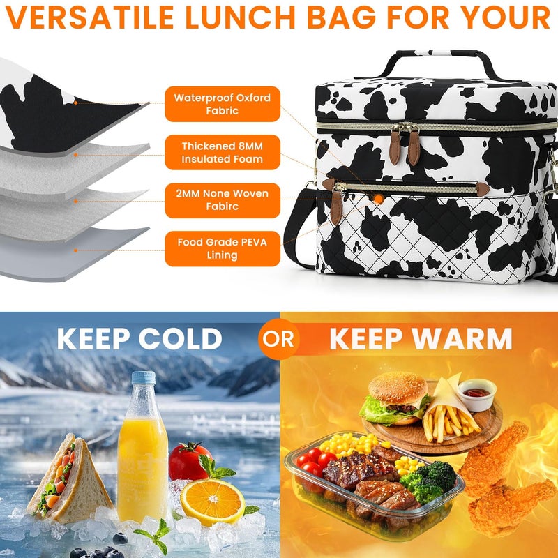 Tenot Insulated Lunch Box for Women Reusable, Leak Proof Cooler Lunch Bag Women for Work Stylish Quilted Lunch Tote Bag for Adult Picnic Travel Hiking Cow Print - Image 2