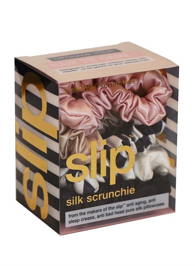 Slip Silk Midi Scrunchies in Black, White, Navy Stripe, Pink and Caramel - 100% Pure 22 Momme Mulberry Silk Scrunchies for Women - Hair-Friendly + Luxurious Elastic Scrunchies Set (5 Scrunchies) - Image 1