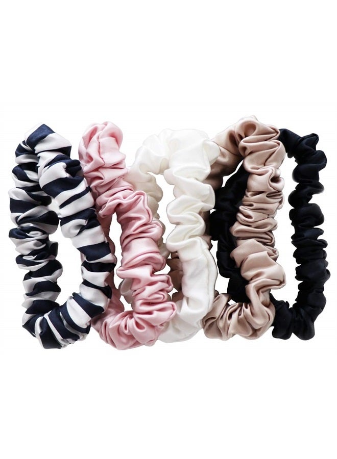 Slip Silk Midi Scrunchies in Black, White, Navy Stripe, Pink and Caramel - 100% Pure 22 Momme Mulberry Silk Scrunchies for Women - Hair-Friendly + Luxurious Elastic Scrunchies Set (5 Scrunchies) - Image 2