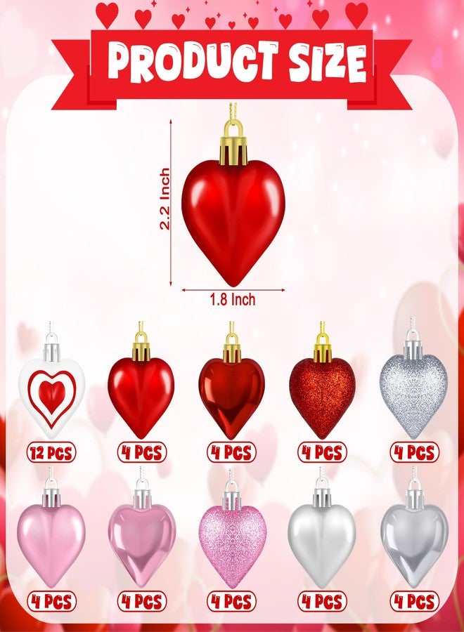 Melisheer 48PCS Heart Shaped Ornaments, Valentine Tree Decorations in 7 Kinds, 4 Colors Glitter Valentine Tree Ornaments, Heart Shaped Decorations for Valentines Wedding Party Hanging Decor - Image 2