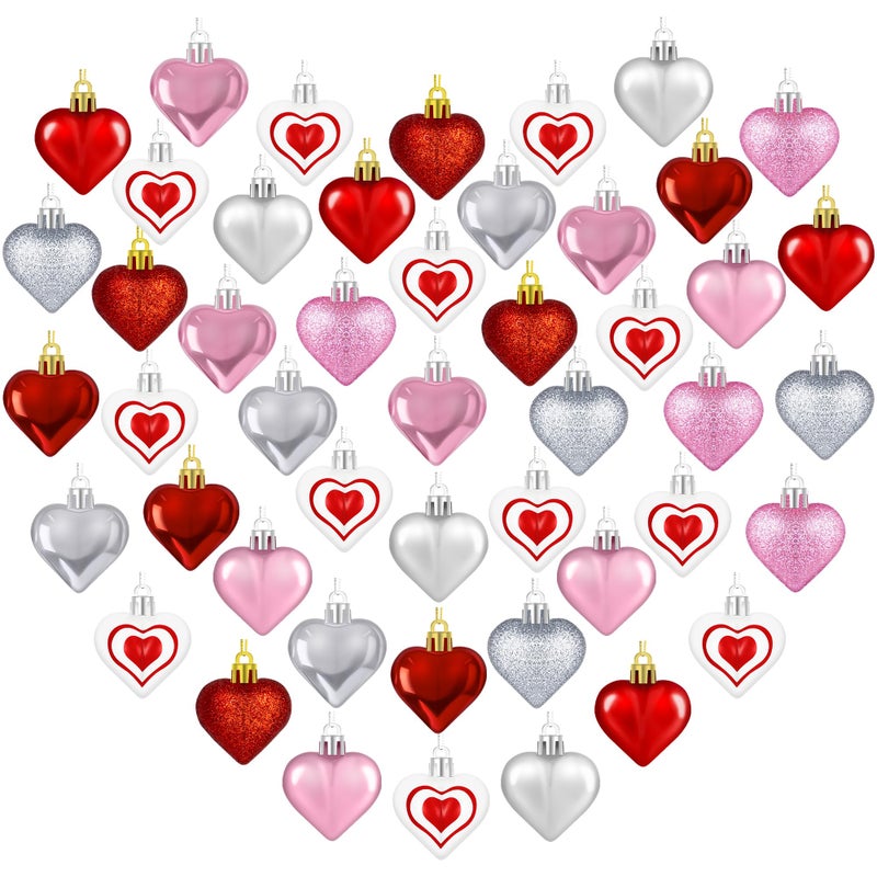 Melisheer 48PCS Heart Shaped Ornaments, Valentine Tree Decorations in 7 Kinds, 4 Colors Glitter Valentine Tree Ornaments, Heart Shaped Decorations for Valentines Wedding Party Hanging Decor - Image 1