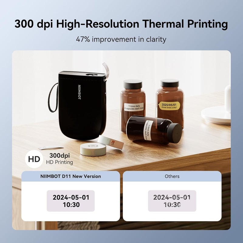 NIIMBOT D11 الإصدار الجديد آلة صنع الملصقات مع الشريط، طابعة ملصقات بلوتوث 300DPI، طابعة حرارية محمولة، صانع الملصقات لتنظيم المنزل والمكتب والمدرسة، أسود - Image 3