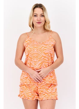 Women 2 Pieces Animal Pattern Sleepwear Tank Top And Shorts Set, Orange/Pink