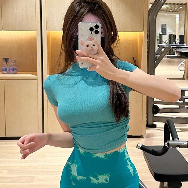 Pure Skinny Tight Small High Neck Short Navel Pure Color Pleated Short Sleeve Urban Sports T-Shirt Top For Women - Image 4