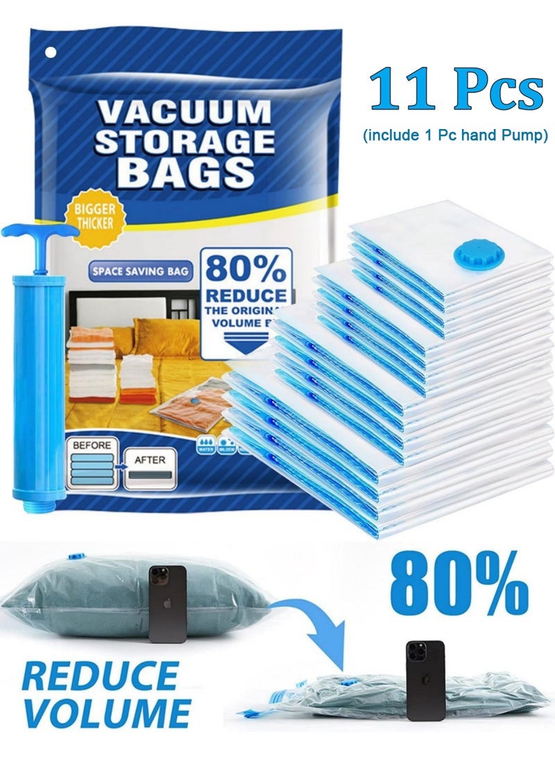 Vacuum Storage Bags -10 Pcs Vacuum Storage Bags with 1 Pc Hand Pump, (2 Pcs 100x80cm), (4 Pcs 80x60cm), (4 Pcs 70x50cm), Re-usable Travel Compression Storage Bags For Clothes, Comforters & Blankets, Space Saver Bags Vacuum Seal Bags - Image 1