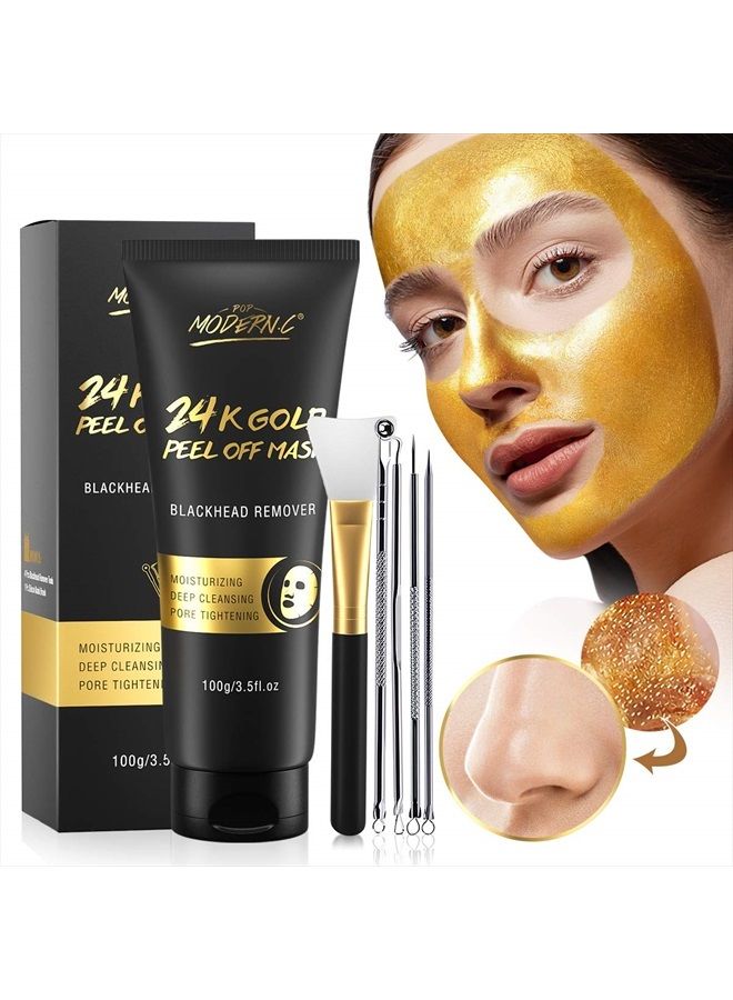 POP MODERN.C Blackhead Remover Mask, 24K Gold Peel Off Mask, Gold Facial Mask Anti-Aging, Deep Cleansing, Reduces Fine Lines＆ Wrinkles Great for All Skin, With Blackhead Remover Extractor Tools Kit & Mask Brush - Image 1