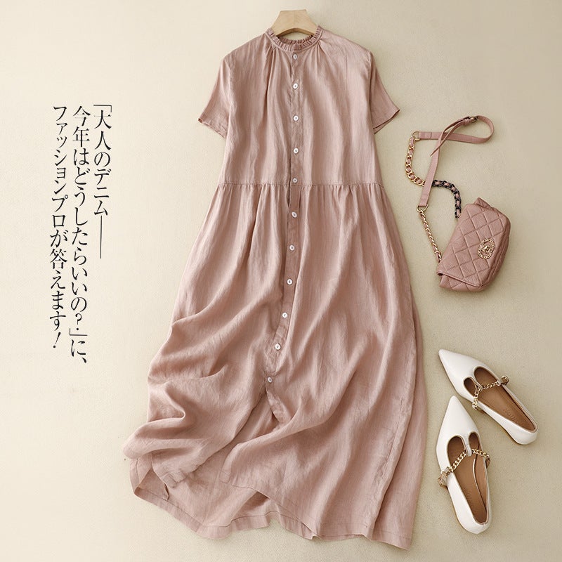 Real Shot 2023 Summer Cotton and Linen Short-sleeved Dress with Ear Collar Large Swing Skirt Front and Back Cardigan Long Skirt Trench Coat Pink - Image 1