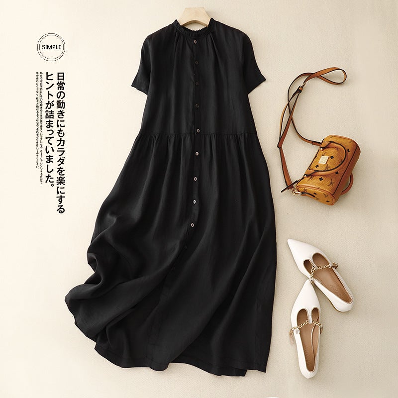 Real Shot 2023 Summer Cotton and Linen Short-sleeved Dress with Ear Collar Large Swing Skirt Front and Back Cardigan Long Skirt Trench Coat Pink - Image 2