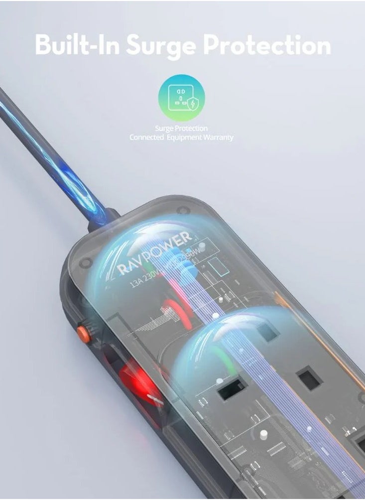 راف باور شريط طاقة RavPower بأربعة منافذ تيار متردد مع سلك تمديد بطول 1.5 متر، تصميم قابل للتثبيت على الحائط وميزات أمان  - Image 4