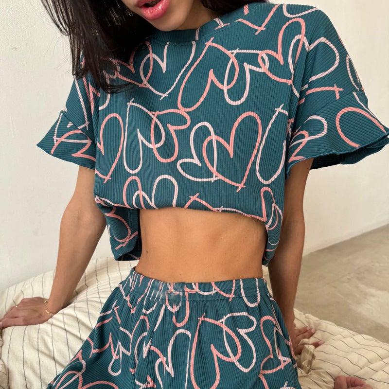 Cross-border 2024 Summer European and American Womens Casual Printed Set Lotus Leaf Short-sleeved Crewneck Shorts Pajamas Two-piece Set Green  - Image 1