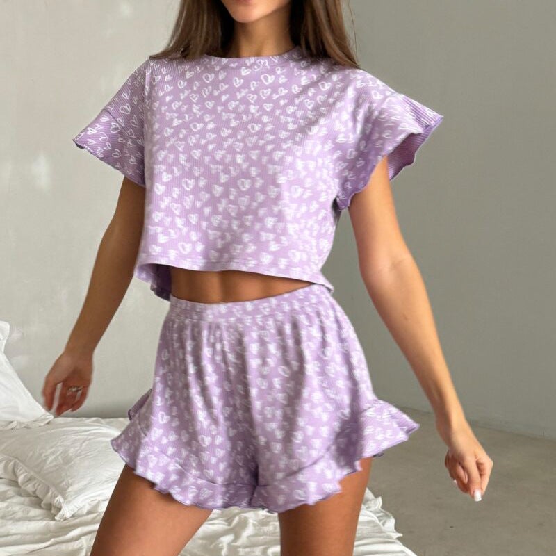 Cross-border 2024 Summer European and American Womens Casual Printed Set Lotus Leaf Short-sleeved Crewneck Shorts Pajamas Two-piece Set Green  - Image 2