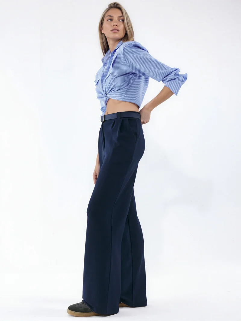 Hiccup Navy Blue Belted Stretch Palazzo Pants for Women | Best Price UAE