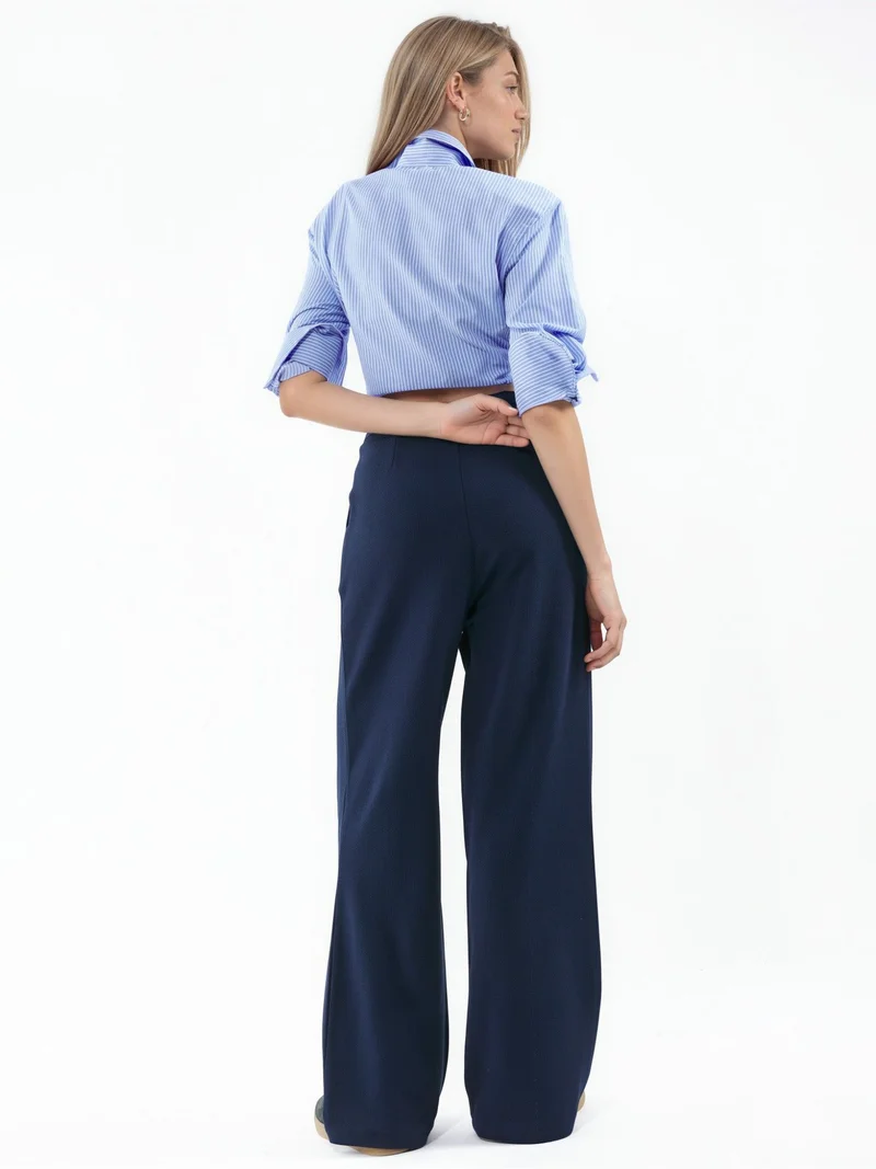 Hiccup Navy Blue Belted Stretch Palazzo Pants for Women | Best Price UAE